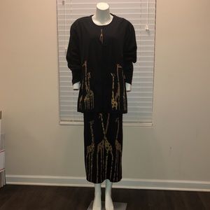 Vtg Victoria Harbour Black Knit Short Sleeve Long Dress Giraffes Size Medium